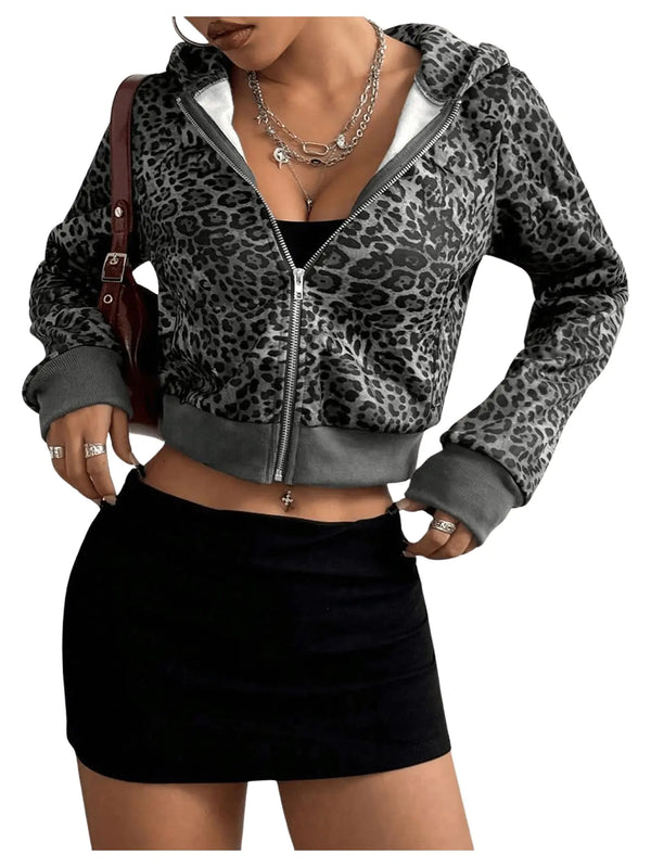 Women’s Y2K Leopard Print Cropped Zip Up Hoodie