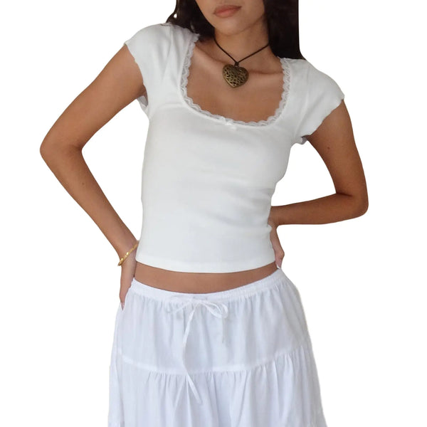 Women Square Neck Shorts Sleeve Cropped T Lace Trim Y2K Petite (White S)
