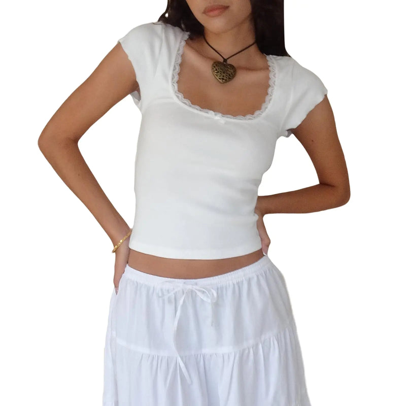 Women Square Neck Shorts Sleeve Cropped T Lace Trim Y2K Petite (White S)